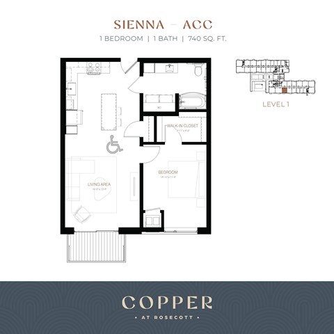 Floor plan for 1 bed, 1 bath, 740 sqft