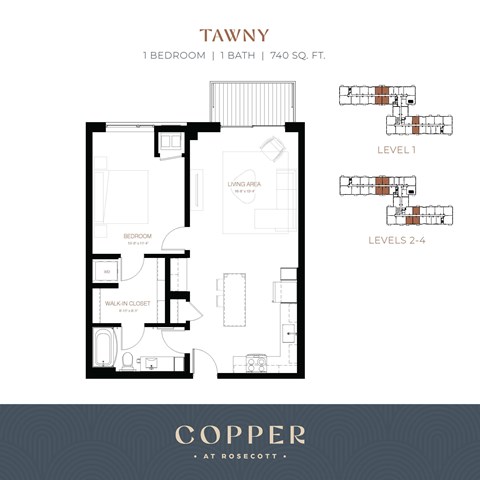 Floor plan for 1 bed, 1 bath, 740 sqft