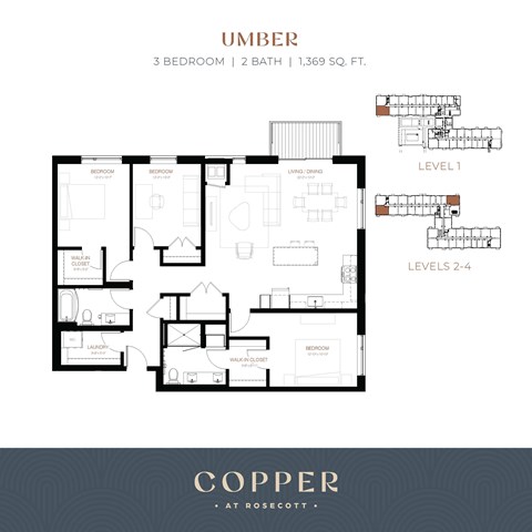 Floor plan for 3 beds, 2 baths, 1369 sqft