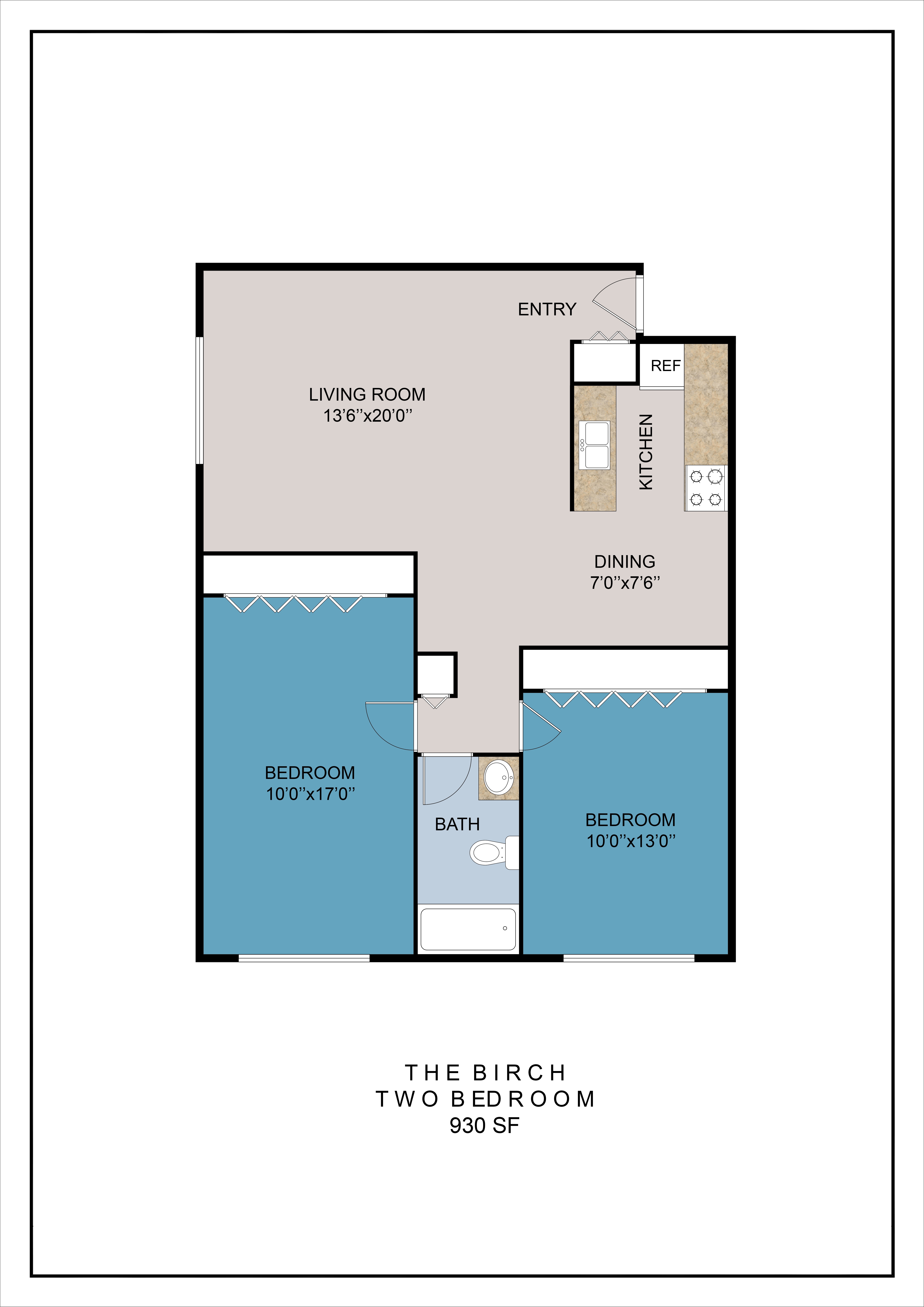 Floor plan for 2 beds, 1 bath, 930 sqft
