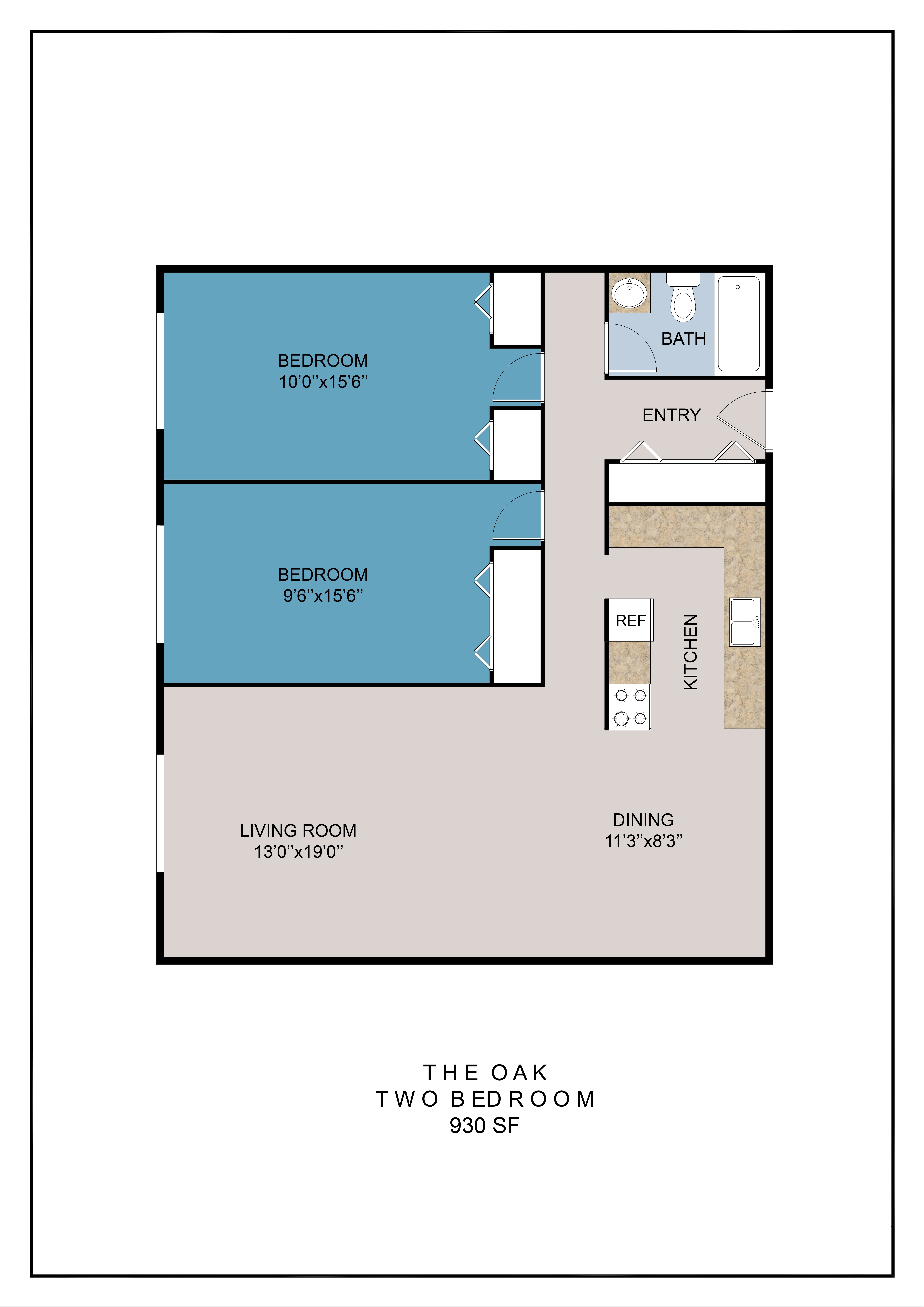 Floor plan for 2 beds, 1 bath, 930 sqft