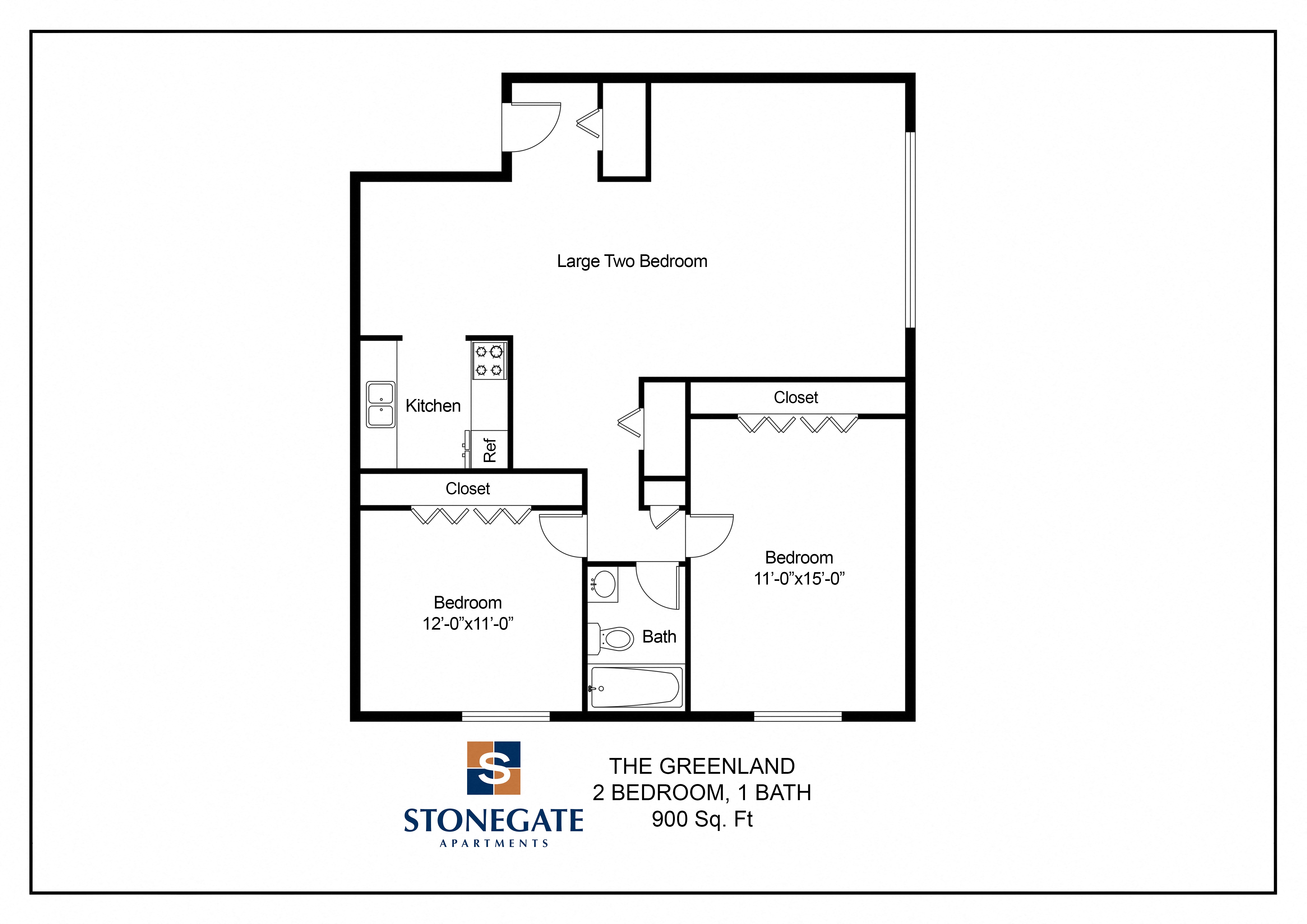 Floor plan for 2 beds, 1 bath, 900 sqft