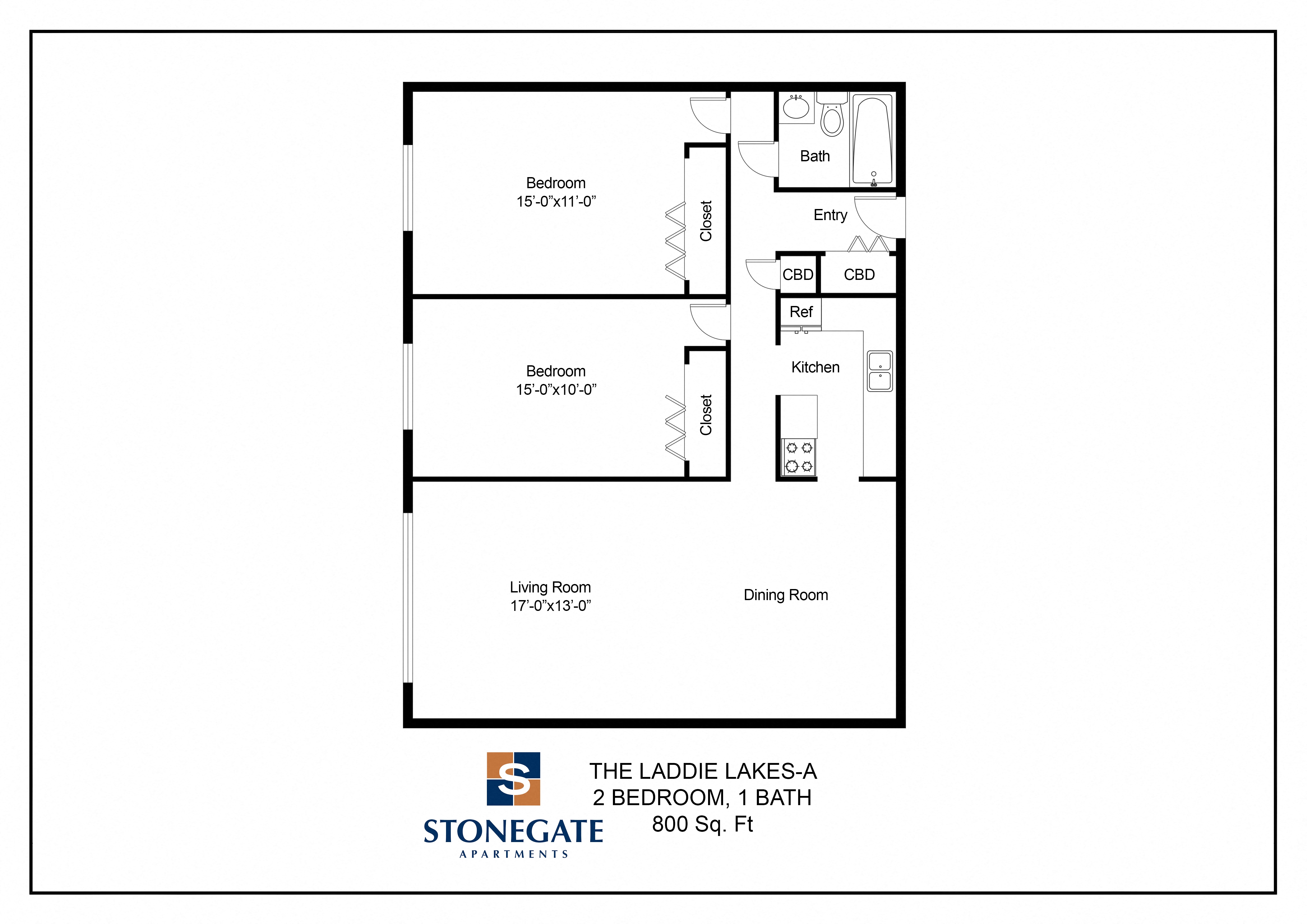 Floor plan for 2 beds, 1 bath, 825 sqft