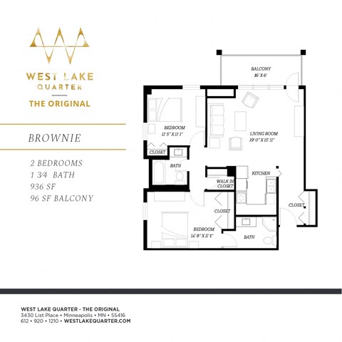 Floor plan for 2 beds, 1.8 baths, 936 sqft