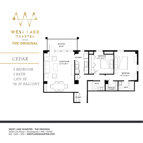 Floor plan for 2 beds, 2 baths, 1031 sqft