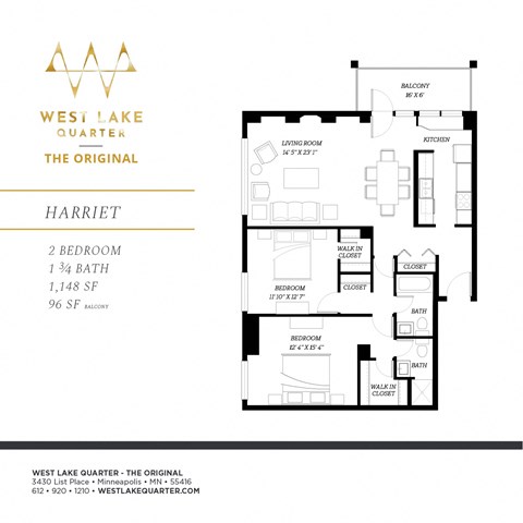 Floor plan for 2 beds, 1.8 baths, 1148 sqft