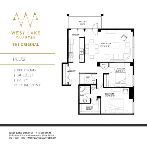 Floor plan for 2 beds, 1.8 baths, 1195 sqft