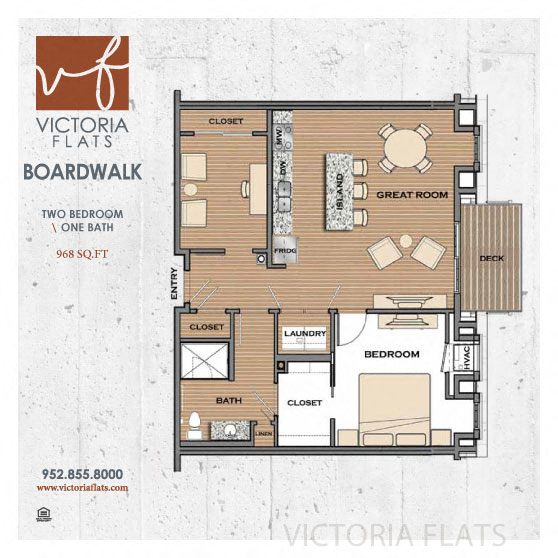 Floor plan for 2 beds, 1 bath, 968 sqft