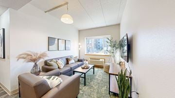 Minneapolis apartment for rent - a living room with couches and a table and a window