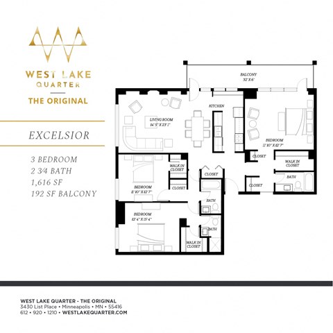 Floor plan for 3 beds, 2.8 baths, 1616 sqft