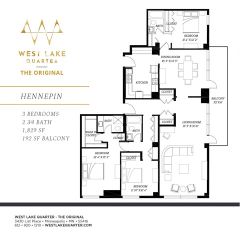 Floor plan for 3 beds, 2.8 baths, 1829 sqft