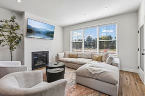 Blaine townhouse for rent - A living room with a fireplace, a couch, a chair, and a television.