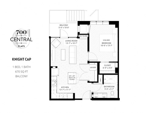 Floor plan for 1 bed, 1 bath, 669 sqft