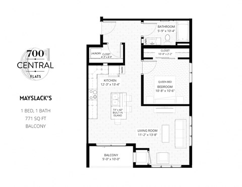 Floor plan for 1 bed, 1 bath, 770 sqft