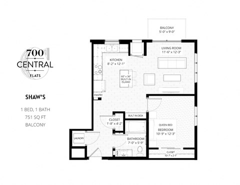 Floor plan for 1 bed, 1 bath, 750 sqft