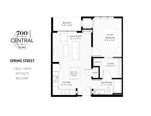 Floor plan for 1 bed, 1 bath, 670 sqft