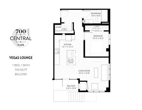 Floor plan for 1 bed, 1 bath, 743 sqft