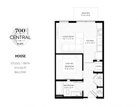 Floor plan for studio, 1 bath, 510 sqft