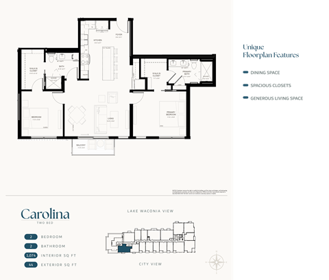 Floor plan for 2 beds, 2 baths, 1074 sqft