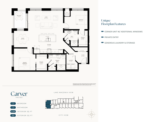 Floor plan for 2 beds, 2 baths, 1293 sqft