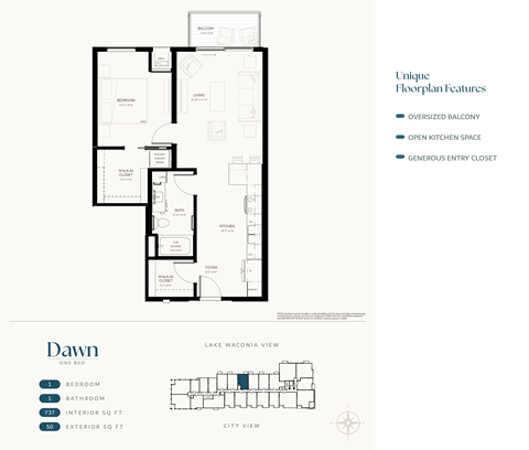 Floor plan for 1 bed, 1 bath, 737 sqft