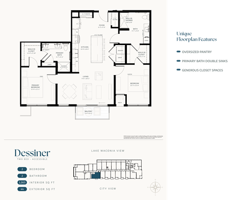Floor plan for 2 beds, 2 baths, 1065 sqft