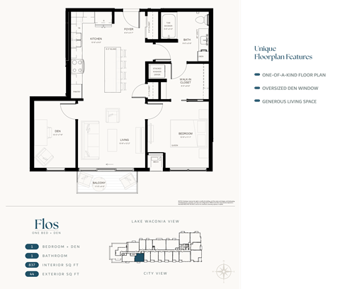 Floor plan for 1 bed, 1 bath, 837 sqft
