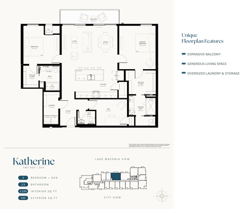 Floor plan for 2 beds, 2.5 baths, 1539 sqft