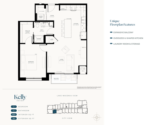Floor plan for 1 bed, 1 bath, 819 sqft