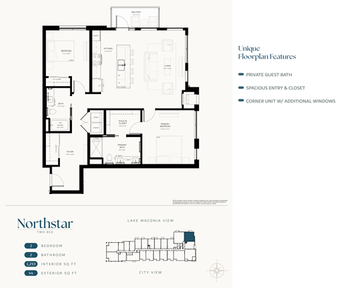 Floor plan for 2 beds, 2 baths, 1259 sqft
