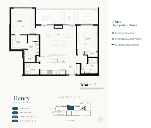 Floor plan for 2 beds, 2 baths, 1249 sqft