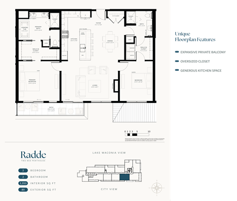Floor plan for 2 beds, 2 baths, 1353 sqft