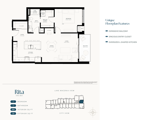 Floor plan for 1 bed, 1 bath, 880 sqft