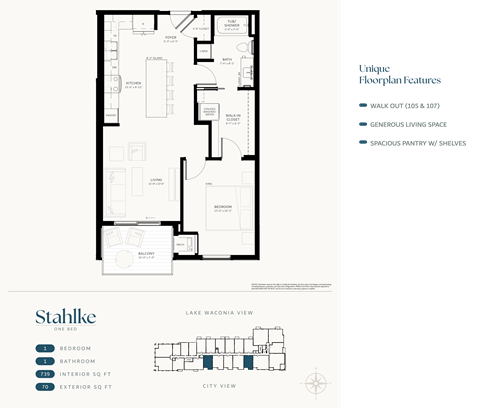 Floor plan for 1 bed, 1 bath, 739 sqft