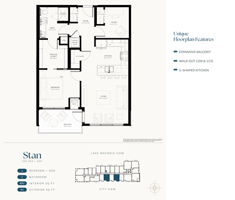 Floor plan for 1 bed, 1 bath, 892 sqft