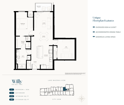 Floor plan for 1 bed, 1 bath, 970 sqft
