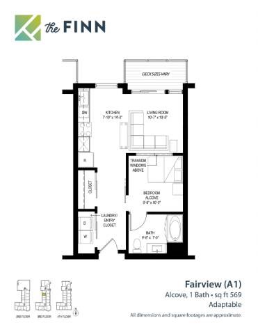 Floor plan for studio, 1 bath, 569 sqft