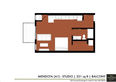 Floor plan for studio, 1 bath, 521 sqft
