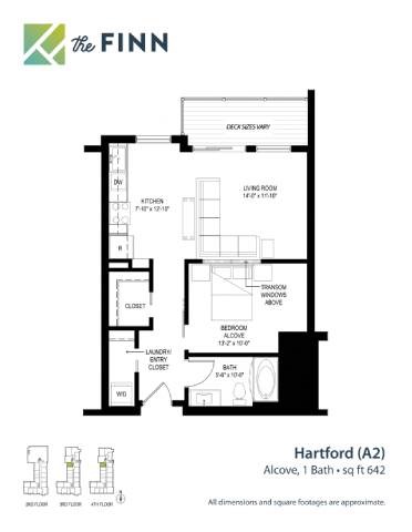 Floor plan for studio, 1 bath, 642 sqft