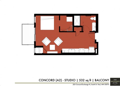 Floor plan for studio, 1 bath, 532 sqft