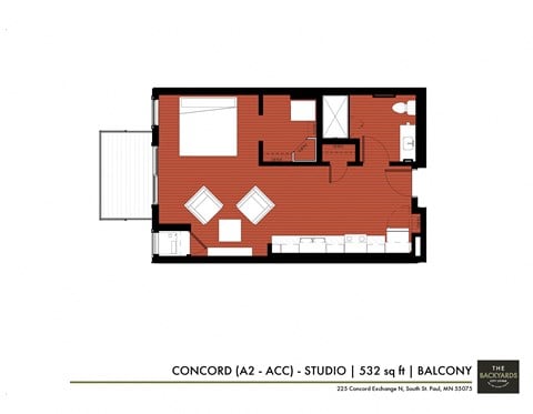 Floor plan for studio, 1 bath, 532 sqft