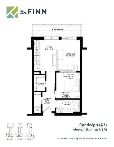 Floor plan for studio, 1 bath, 583 sqft