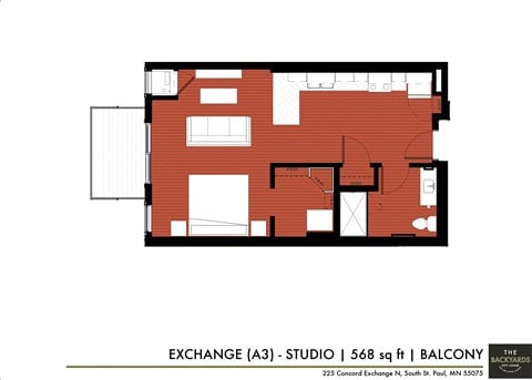 Floor plan for studio, 1 bath, 568 sqft