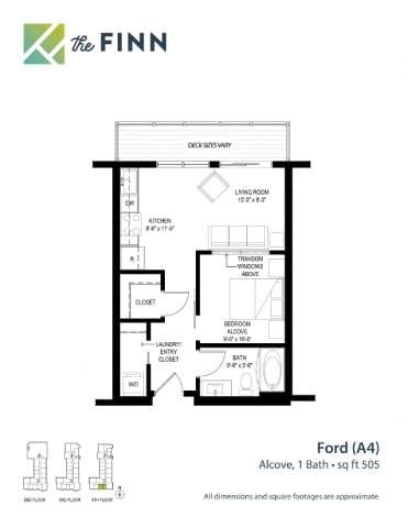 Floor plan for studio, 1 bath, 505 sqft