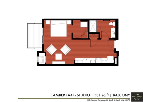 Floor plan for studio, 1 bath, 531 sqft