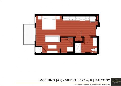 Floor plan for studio, 1 bath, 527 sqft