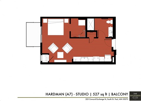 Floor plan for studio, 1 bath, 527 sqft