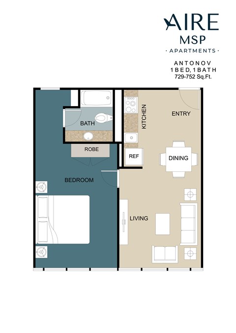 Floor plan for 1 bed, 1 bath, 734 sqft