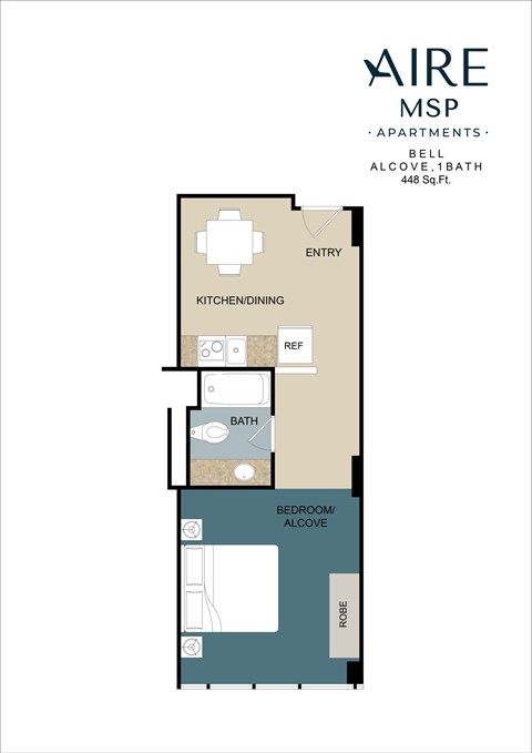 Floor plan for studio, 1 bath, 448 sqft
