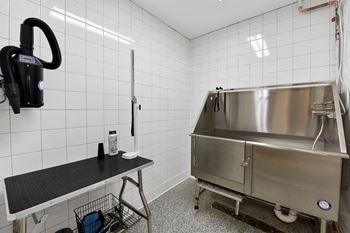 A commercial kitchen with a sink and apron